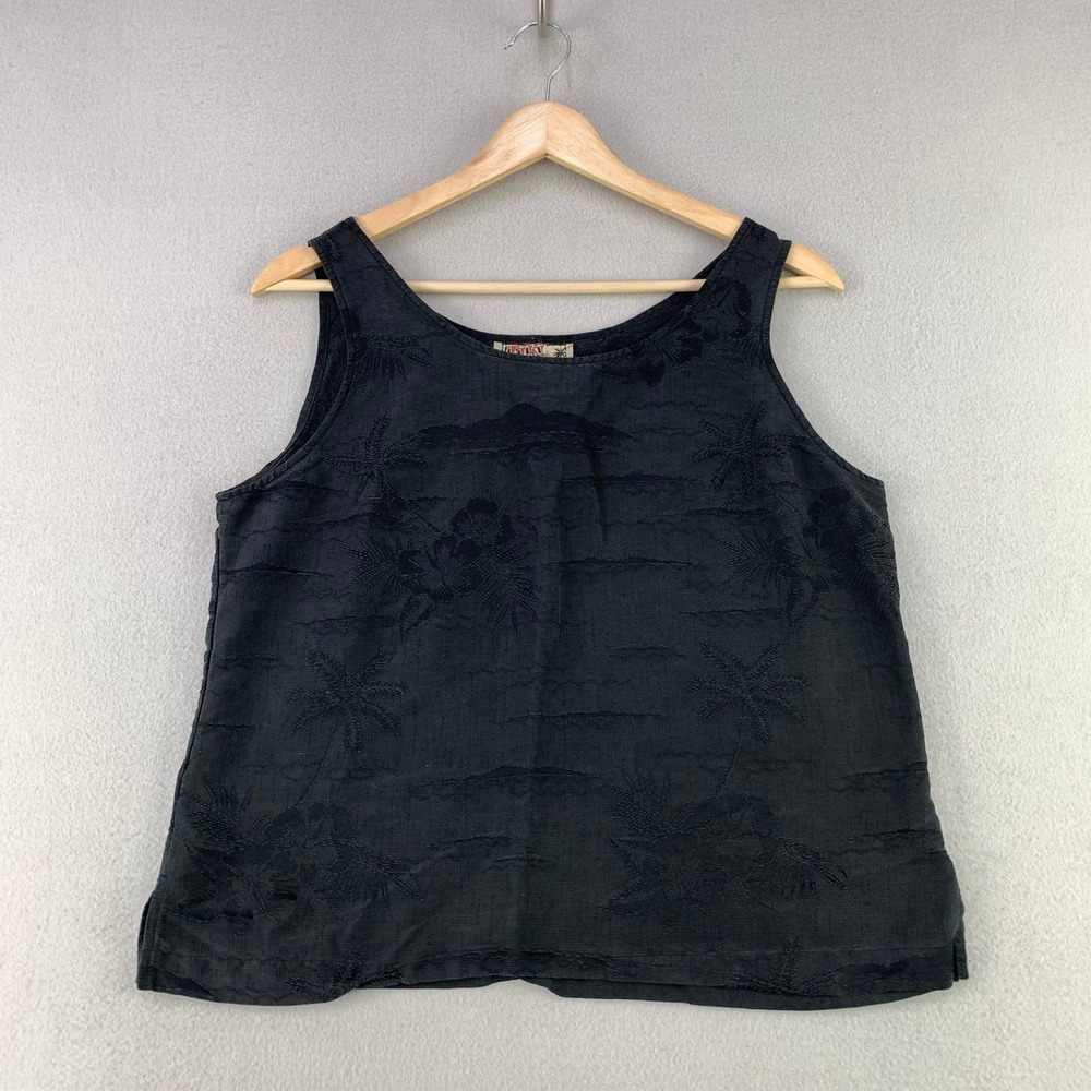 Tiki Classics Tank Top Women Medium Black Silk Hawaiian Tropical Embroidered VTG